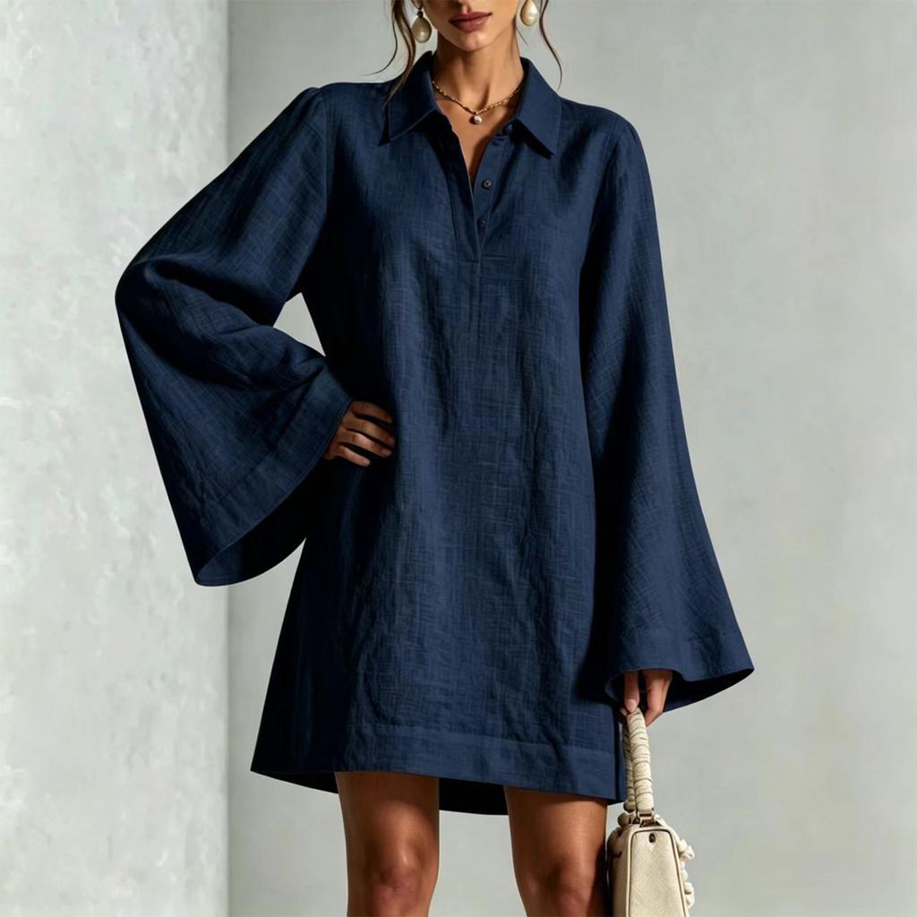 Women's Casual Color Loose Fit Long Sleeve Dress with Lapel Collar and Flared Sleeves