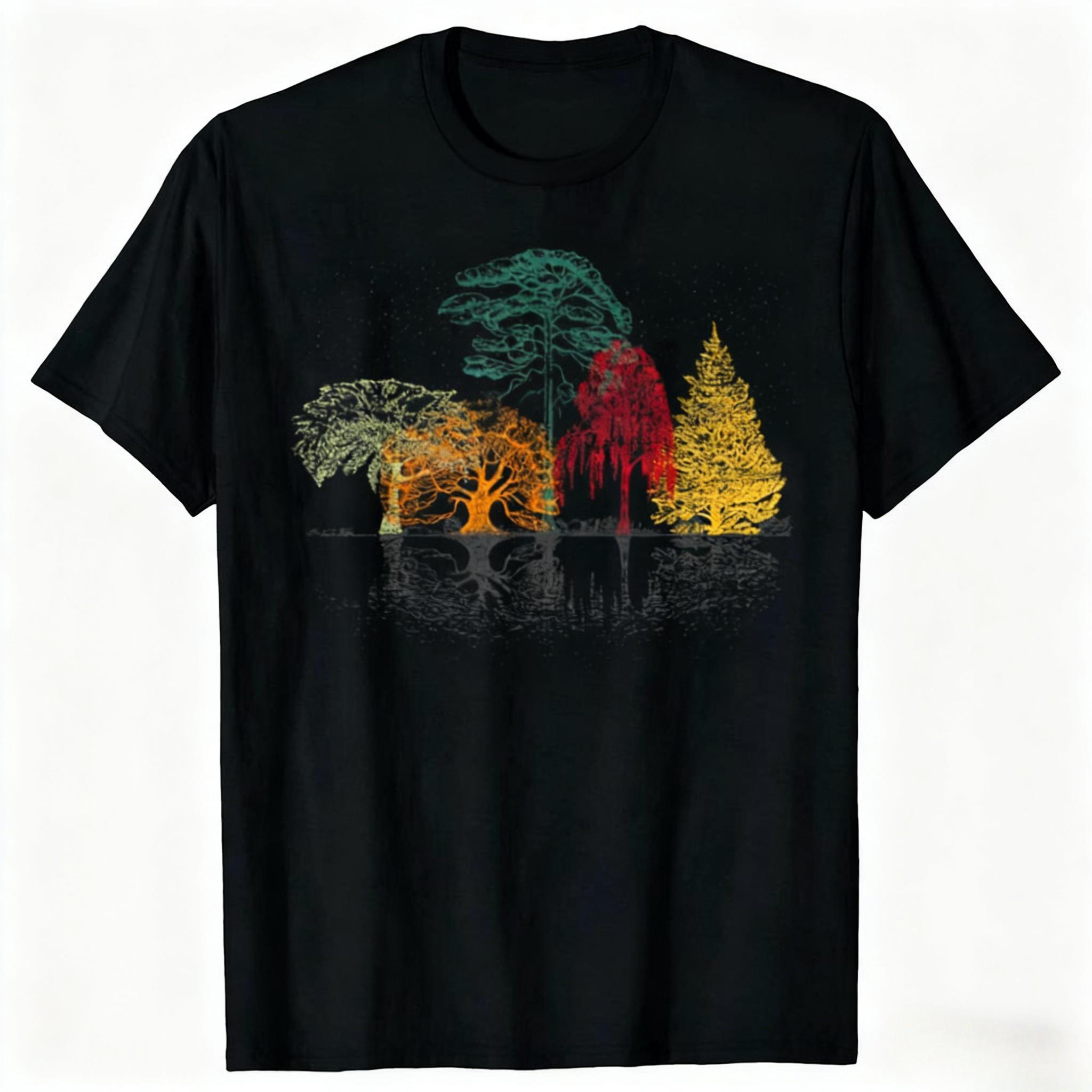 Colorful Trees Wildlife Nature Outdoor Reflection Forest TShirt Streetwear Cotton Graphic T Shirts Men Clothing Tops Camisetas M