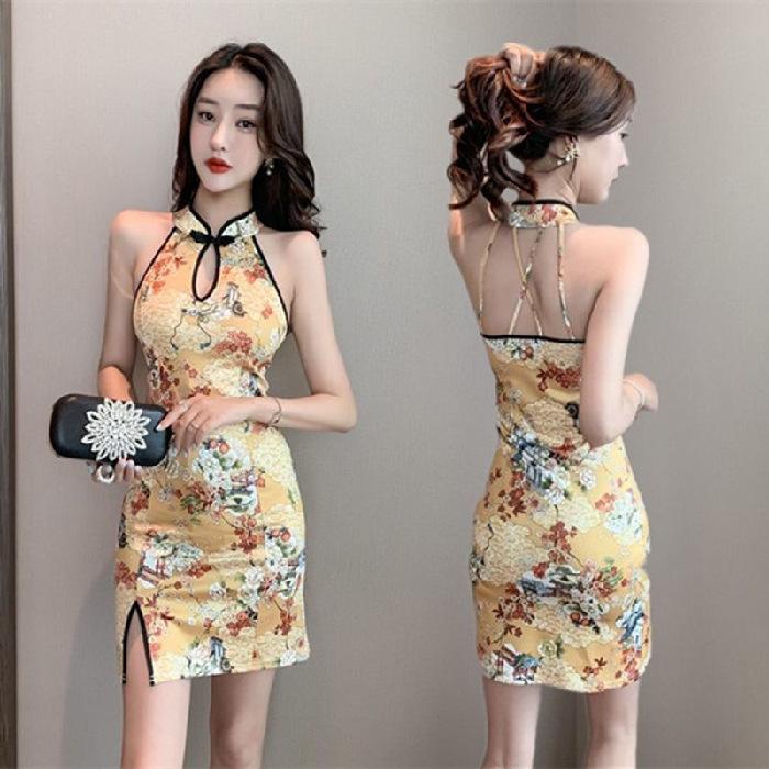Retro girl print improved cheongsam summer new sexy sleeveless slim short split hip wrap dress women
