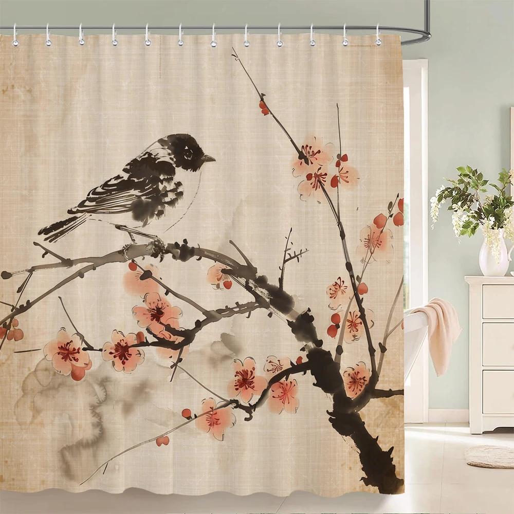 Chinese Style Plum Blossom Birds Shower Curtain, Texture Fabric Bathroom Decor Waterproof Flowers Bathroom Curtains With Hooks