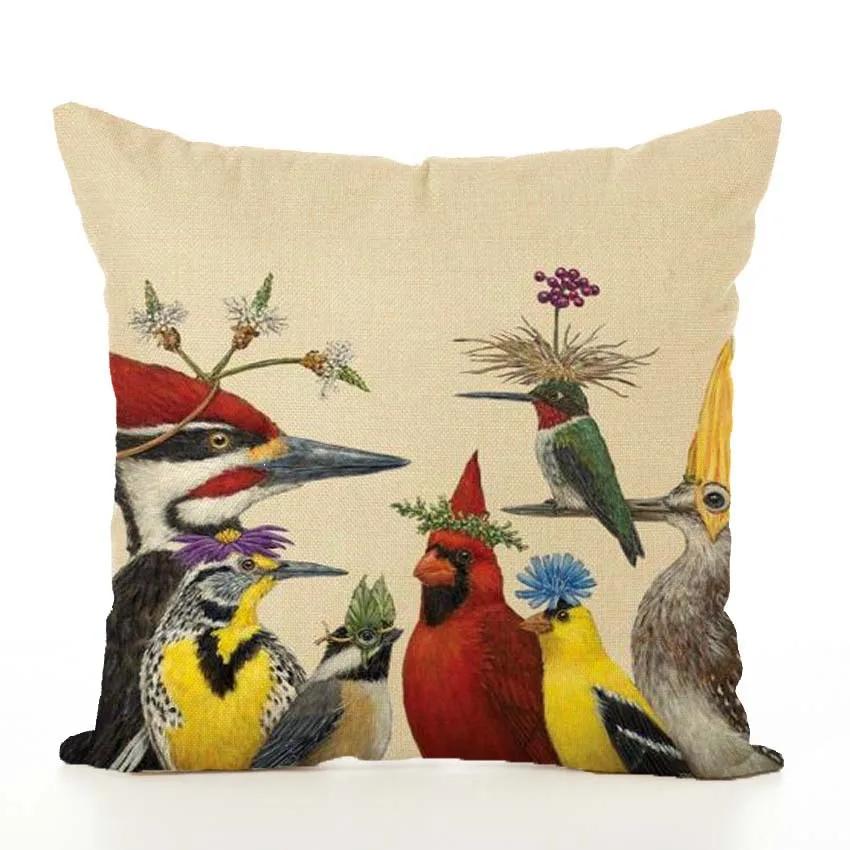 Decorative Cushion Cover Squirrel Bird Bear Fox Animal Printed Cotton Linen Pillowcase Couch Sofa Pillow Cover Living Room Decor
