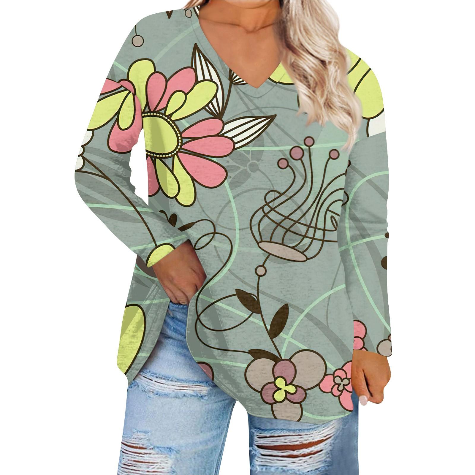 

Женская мода с цветочным принтом и v-образным вырезом плюс размер повседневная футболка с длинным рукавом Топ XXXXL