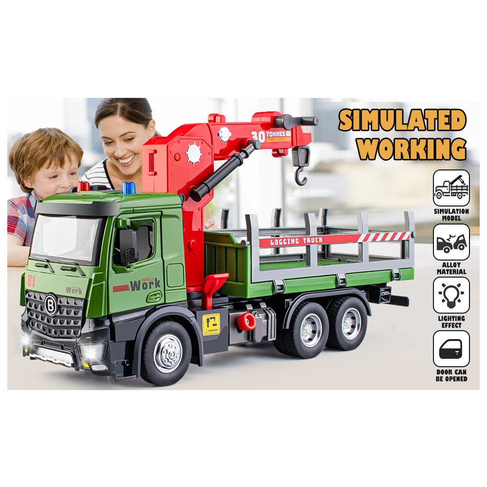 1/24 Scale Wooden Toy Truck Metal Cab, Friction Driven Wooden Truck, Equipped with A Full Function Loading Crane and 3 Loadable Logs, Light and Sound,