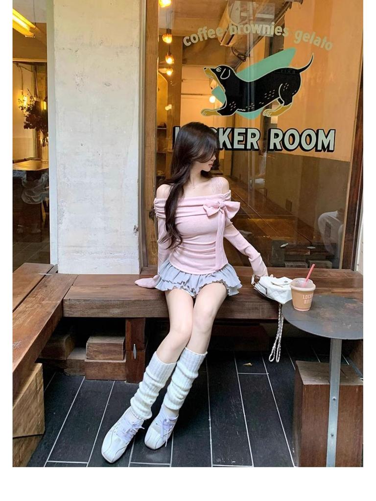 Pure Desire Pink One-Shoulder Bow Lace Top - Sweet & Spicy Autumn/Winter Women's Base Layer