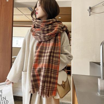 Warm Thick Winter Scarf Women - Soft Faux Cashmere Plaid Shawl With Fringe 190x70cm Lightweight Cozy Wrap
