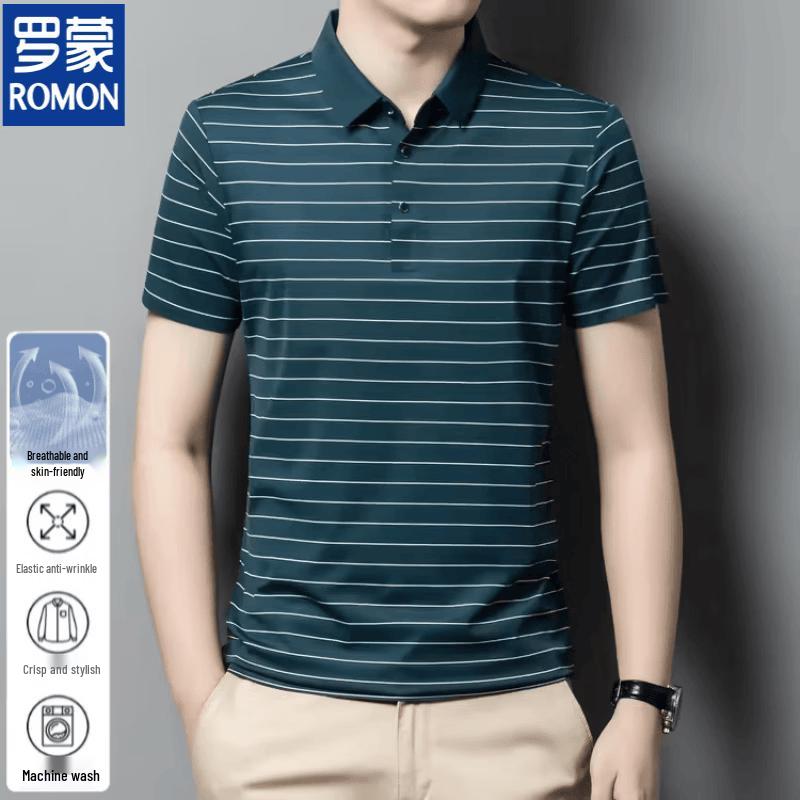 Romone Men's Striped Business Casual Polo Shirt