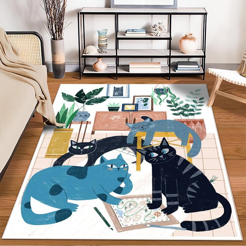 Colorful Illustration Carpet with Playful Cats1Plants1and Art Decor for Home Decor Suitable for Use As an Anti-slip for Room and Bedroom Sofas