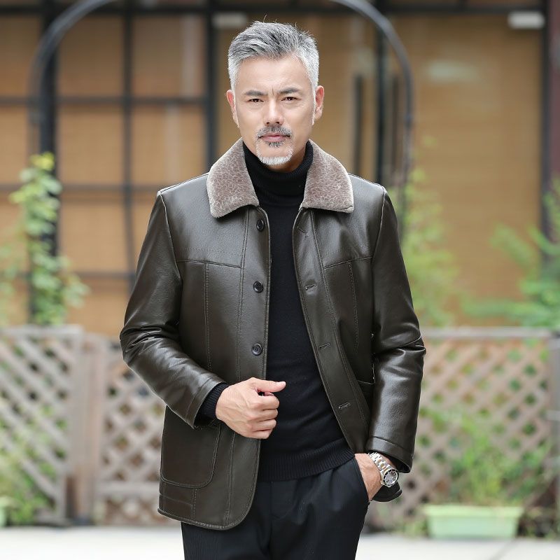 Dad's Winter Coat with Added Velvet and Thickened Middle-aged New Leather Jacket, Middle-aged and Elderly Men's Fur Integrated Leather Jacket