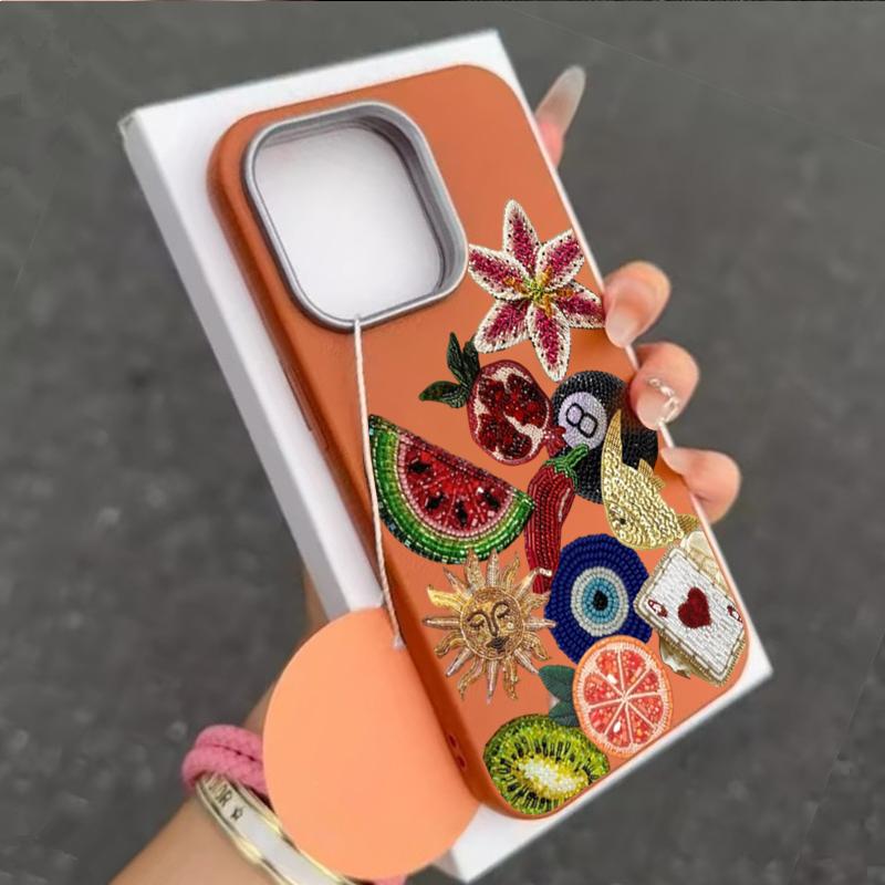 2D Print Beaded Embroidery Fruit Planet Car Phone Case For iPhone 17 16 15 14 Plus 13 12 Mini Air Pro X XS Max SE 7 8 Plus Cover
