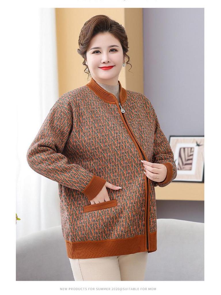 Fat Mama Plus Size Fleece-Lined Cardigan: Warm Autumn Winter Sweater for Middle-Aged & Elderly Women