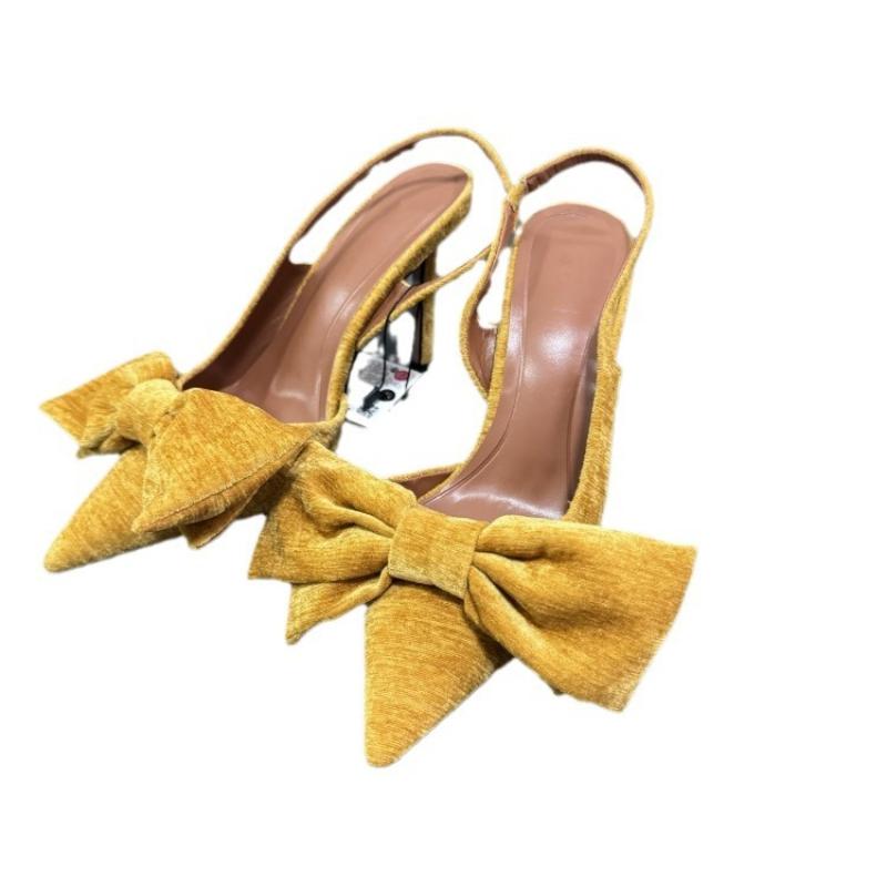Moda Zapatos de Tacón Alto Mula Puntiaguda de Terciopelo Amarillo con Lazo para Mujer
