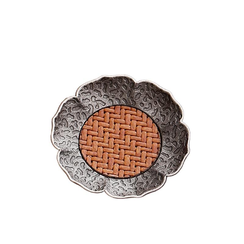 

Antique silver alloy teacup pad, bamboo mat, thermal insulation teacup, cup holder, tea saucer, kung fu tea set accessories XL
