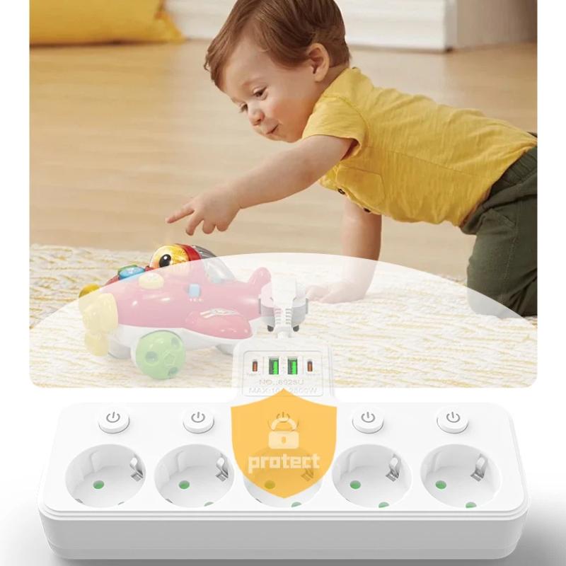 EU Power Strip – 5 AC Outlets with Independent Switches, Optional USB/Type-C