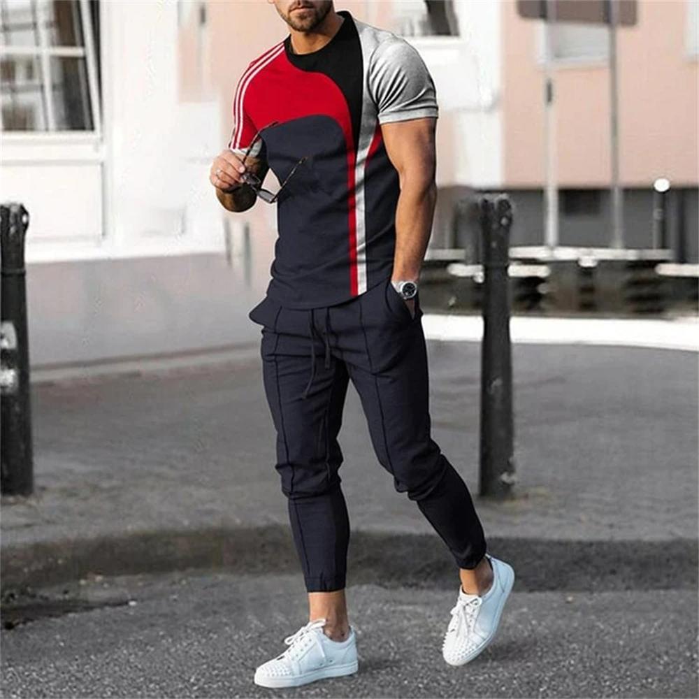 Summer Men Sets Short Sleeve T Shirt Pants Suits Oversized Tops Street Sportswear Men's Casual Tracksuits Trend Print Clothing