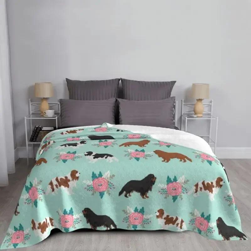 Cavalier King Charles Spaniel Blankets Flannel Winter Floral Bouquet Cute Dog Lover Breed Pet Portrait Throw Blanket For Bedroom