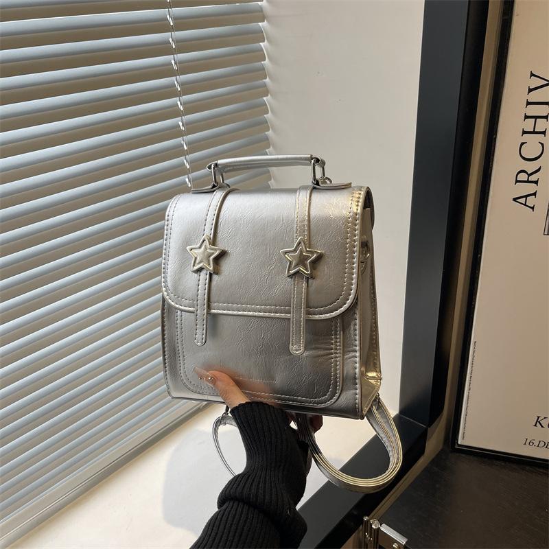 Vintage Star College Style PU Backpack for Women Thread Design Girls Satchel Shoulder Bag Student Portable Solid Color Handbags