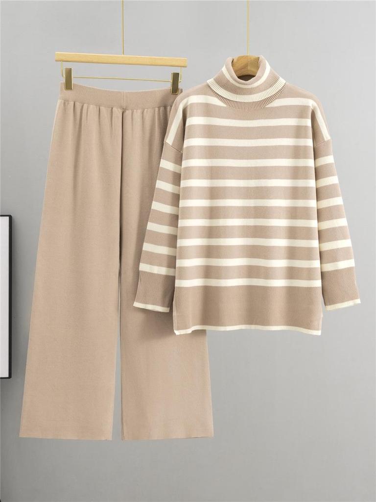 Women's Striped Knit Sweater & Wide-Leg Pants Casual Two-Piece Set for Autumn/Winter