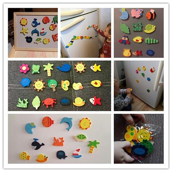 12Pcs Wooden Cartoon Sun Fish Fridge Magnet Stickers Education Kid Toy Art Decor