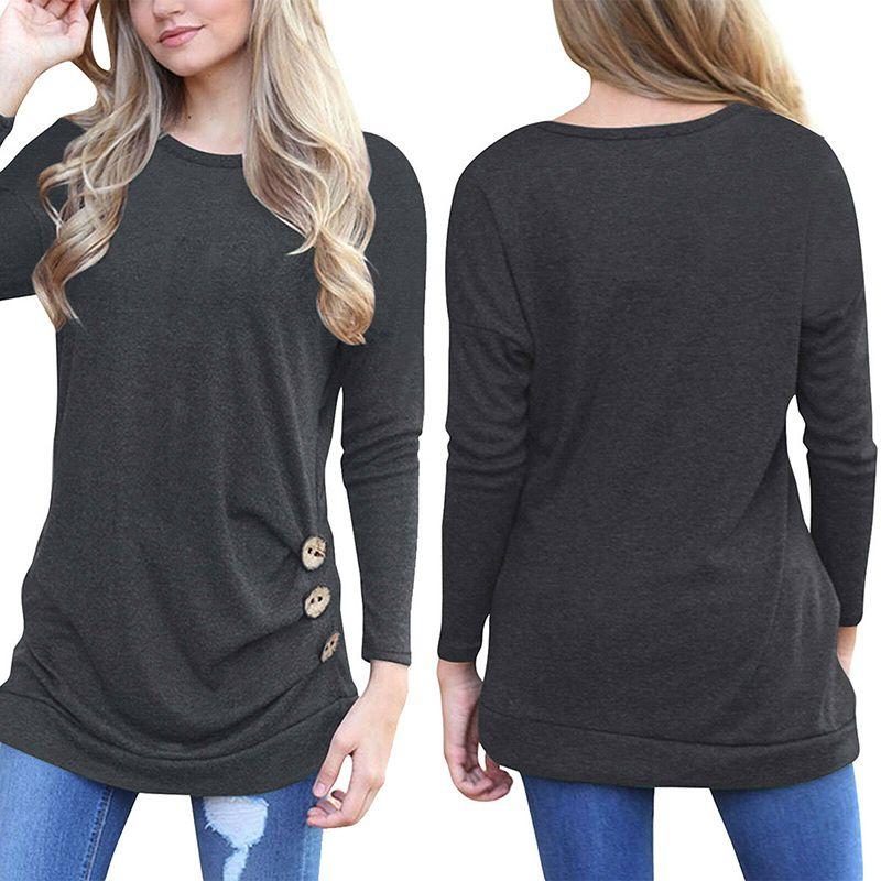 Fashion Women Long Sleeve Casual Blouse Stylish Tunic With Brown Button Accents