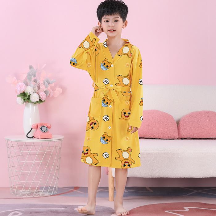 Girls' Combed Cotton Long-Sleeve Pajama Robe - Spring/Summer Bathrobe for Kids, Cute Sleepwear for Middle and Big Girls
