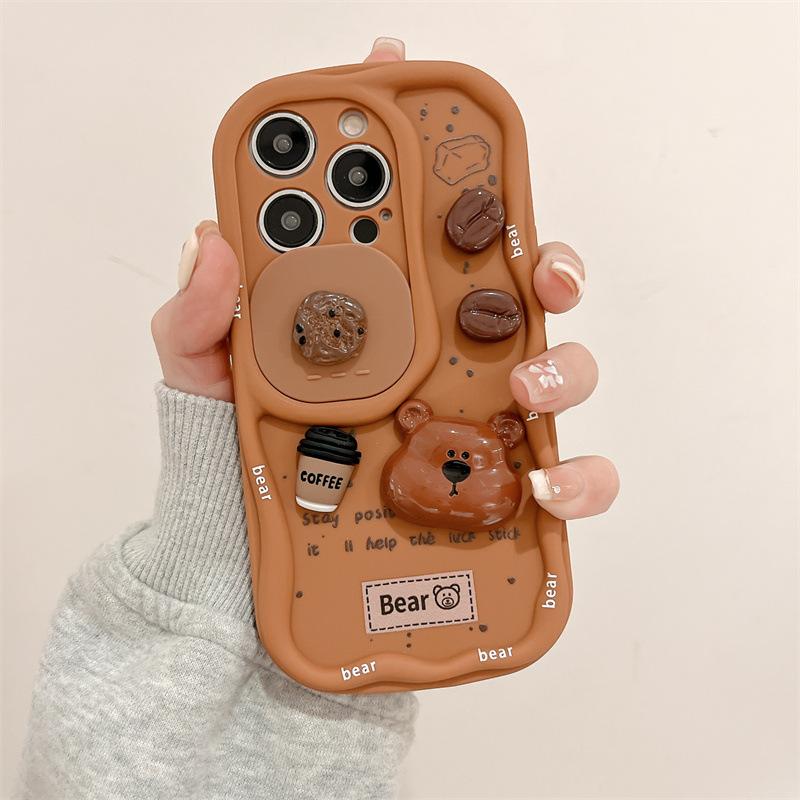 3D Kávový Kreslený Medvěd Pouzdro na Telefon s Poutkem na Zápěstí Pro iPhone 17 16 15 14 13 12 Pro Max Posuvný Kryt s Posuvným Krytem Fotoaparátu Odolný proti Nárazům