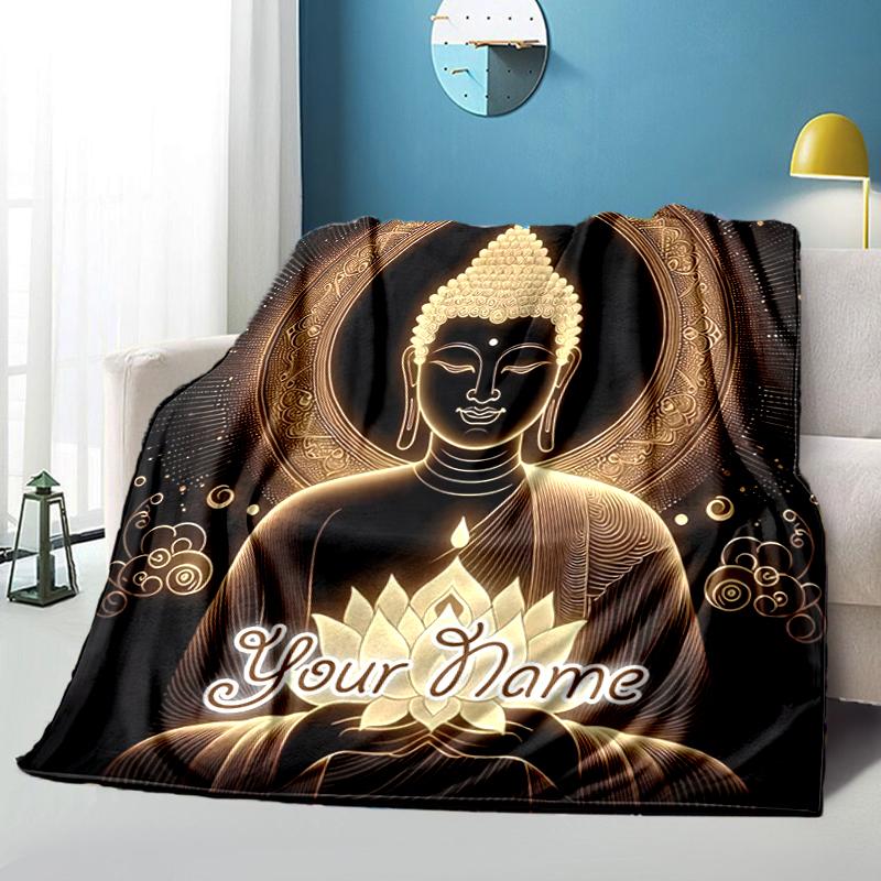 1PC Custom Name Buddha Enlightenment Lotus flannel blanket versatile, all-season throw suitable for the living room, bedroom, camping, travel, and gif