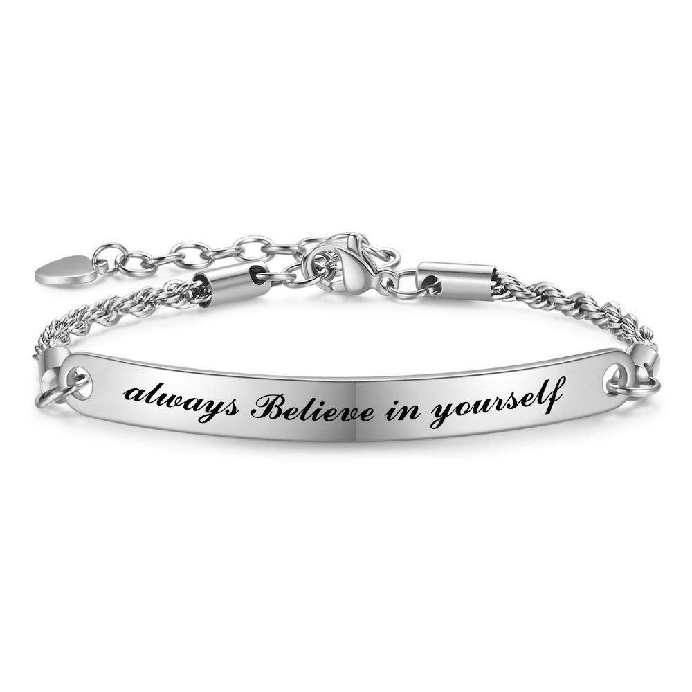 

Изогнутый фирменный лазерный браслет из нержавеющей стали 5 мм, регулируемый браслет из титановой стали с английским языком «Всегда верь в себя» серебряный
