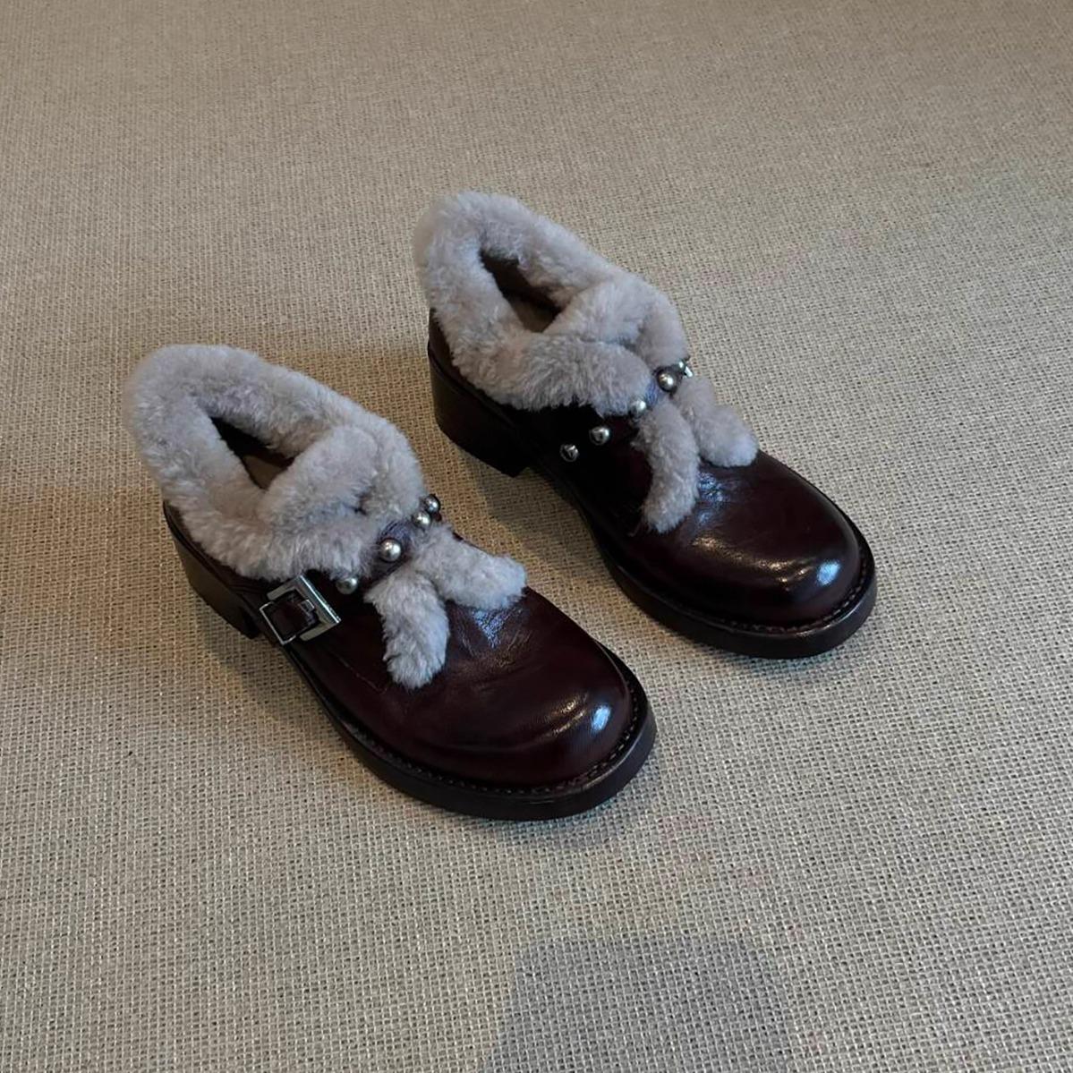 

British fluffy small leather shoes versatile belt buckle thick heel single shoes 40 коричневий