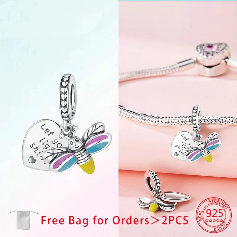 Original Copper Luminous Firefly Purple Zircon Firefly Heart-Love Charms Beads Pendant Fit Bracelet For Women Diy Gift