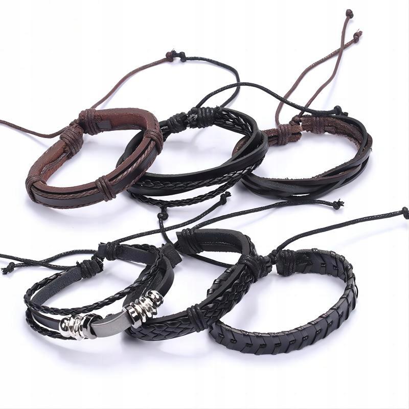Braccialetto da uomo in pelle, Ecopelle, Set, Set da 5, Cinturino, Vintage