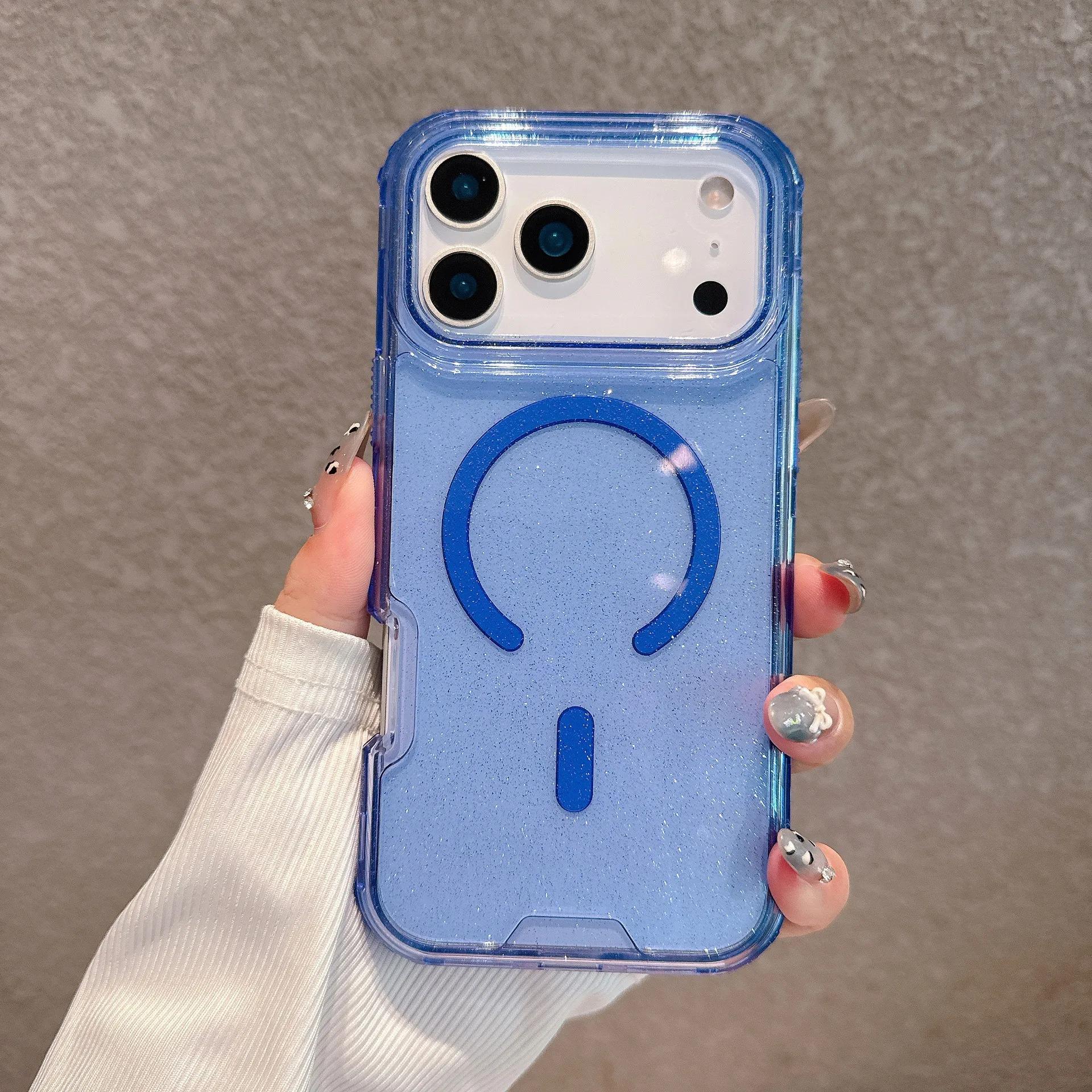 

Модный чехол 3-в-1 повышенной прочности для iPhone 17 16 15 14 Plus 13 12 Pro Max Air Bling Блестки Магнитный Защита от падения Чехол iPhone Air синий