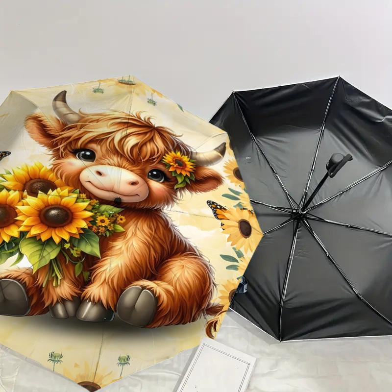1PC cow sunflowersAutomatic Open/Close Umbrella with Windproof, 8-Rib Sturdy Canopy, Durable Ribs, Fashionable Design, Outdoor Accessory, Fun Prin, Ho