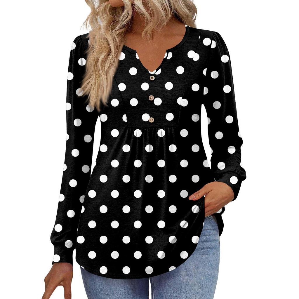 Women's Fashionable Casual V-neck Blouse Button Long-sleeved Pullover T-shirt Top