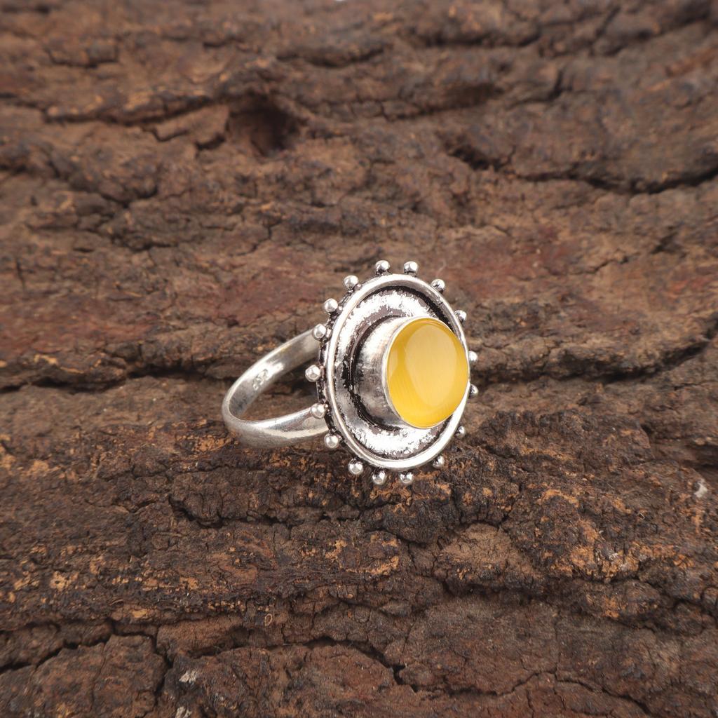 Natural Yellow Cat's Eye 925 Silver Statement Best Friend Gift Ethnic Boho Ring RR-49-41