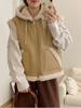 Winter Chic Vintage Leather Lamb Wool Waistcoat Women New Design Thick Hoodied Retro Coat Aesthetic Casual Street Fashion Jacket