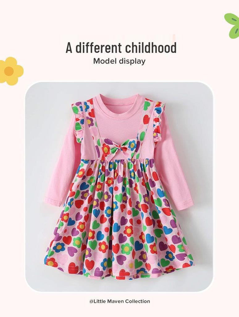 New Autumn European & American Style Girls' Floral Bow Long-Sleeve Princess Dress