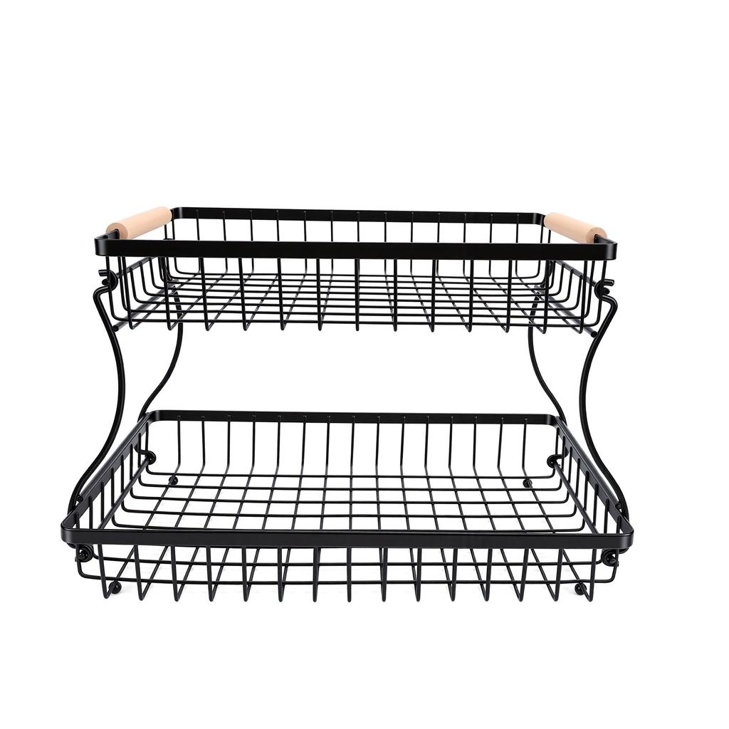 2 Tier Fruit Basket Kitchen Countertop Organizer Foldable Iron Frame Snack Storage Basket No Screw Assembly for Fruits