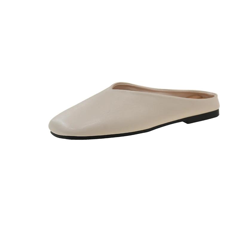 Mode Damen Pantoletten 2025 Sommer Elegant Eckig Geschlossene Zehen Flache Hausschuhe Damenschuhe Lässig Leder Schwarz Weiß Slipper Übergröße 35-42