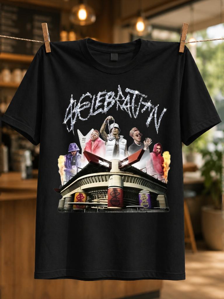 Celebration Stadium Five Rap Figures Above Arena Roof With Icy Graffiti Lettering Smoke And Flame Unisex All Tshirt