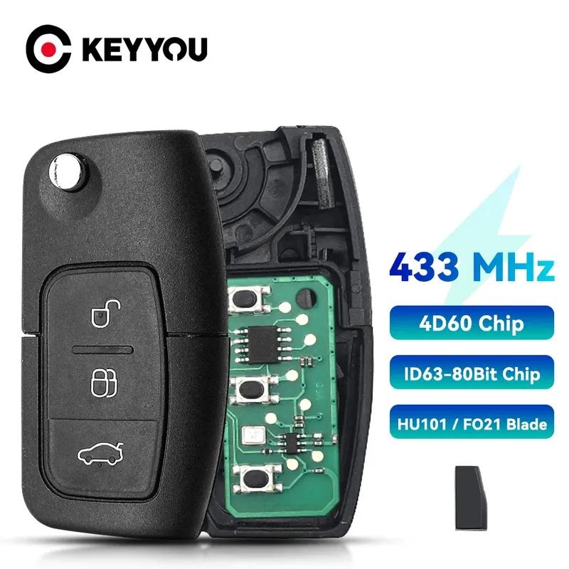 KEYYOU With Battery For Ford Focus Fiesta 2013 HU101 F021 Blade 433MHz 4D63 40bit 80bit 3 Buttons Flip Folding Remote Car Key