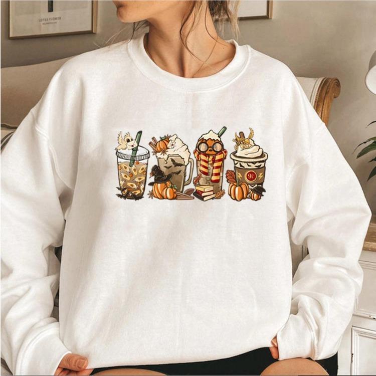 Pumpkin Spice Coffee Lover Women Fall Cozy Horror Sweatshirt Pullover Halloween Clothes