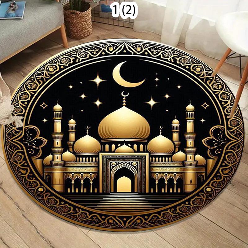 Luxury Islamic Round Area Rug with Golden Mosque Lantern Moon Star Print Decorative Floor Carpet for Ramadan Home Decor