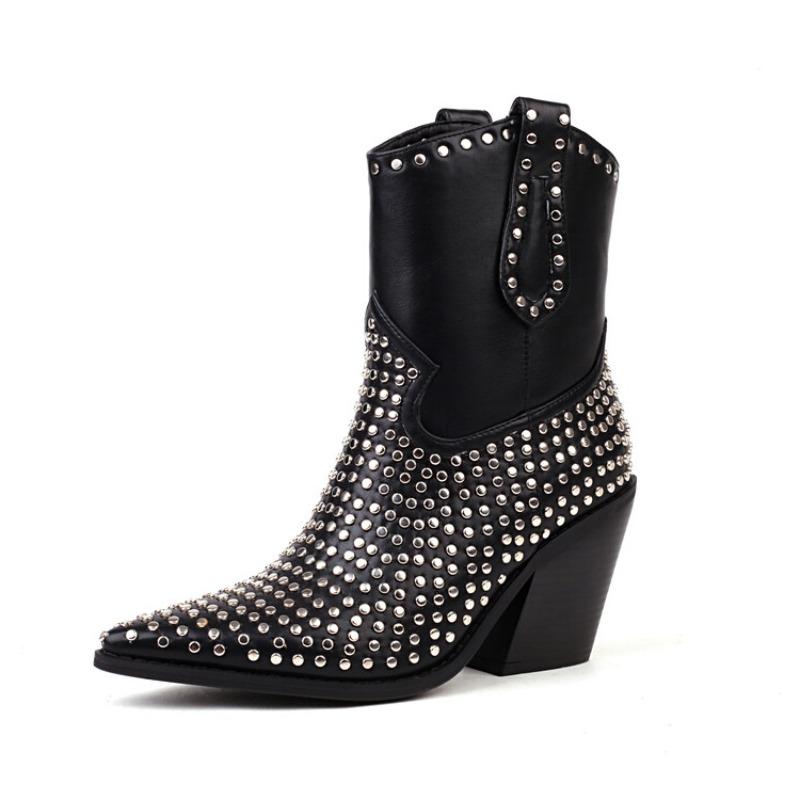 Fashion Brand Rhinestone/Rivet Color Blocking Western Short Boots Autumn Winter New 8cm Thick Heel Black Chelsea Women Boots Size 34-43