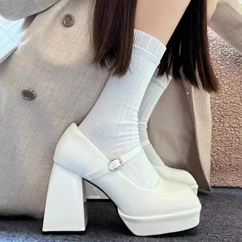French Design High Heels Mary Janes Women's Black Shoes American Style Mid Heel Single Shoes Polyurethane Upgraded Version