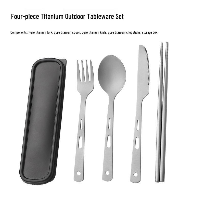 4-Piece Portable Titanium Cutlery Set with Chopsticks and Storage Box for Camping