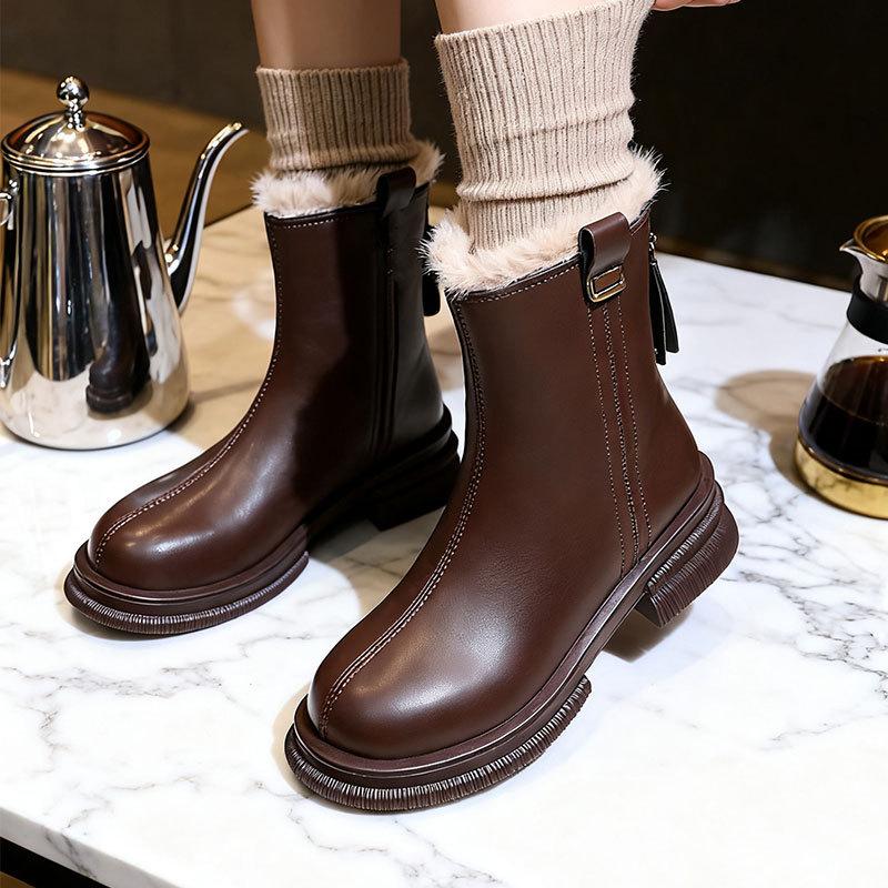 British Style Brown Martin Boots Women's Autumn and Winter New Velvet Snow Boots Thickened Cotton Boots Short Boots