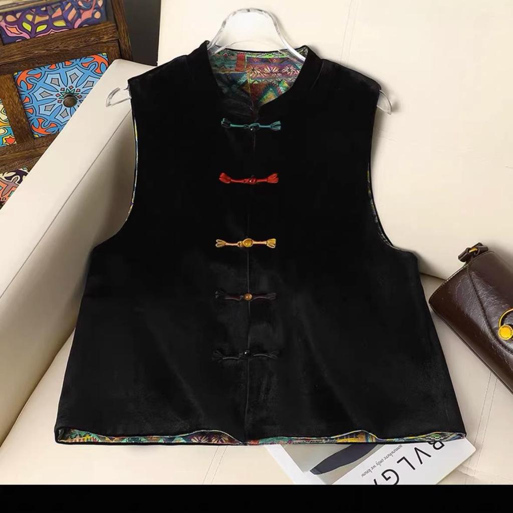 2026 Spring Reversible Frog Button Velvet Vest - New Chinese Style for Women