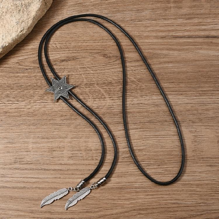 Men Women Western Cowboy Bolo Tie Vintage Turquoises Pendant Jewelry Leather Rope Necktie Tie Metal Feather Necklace