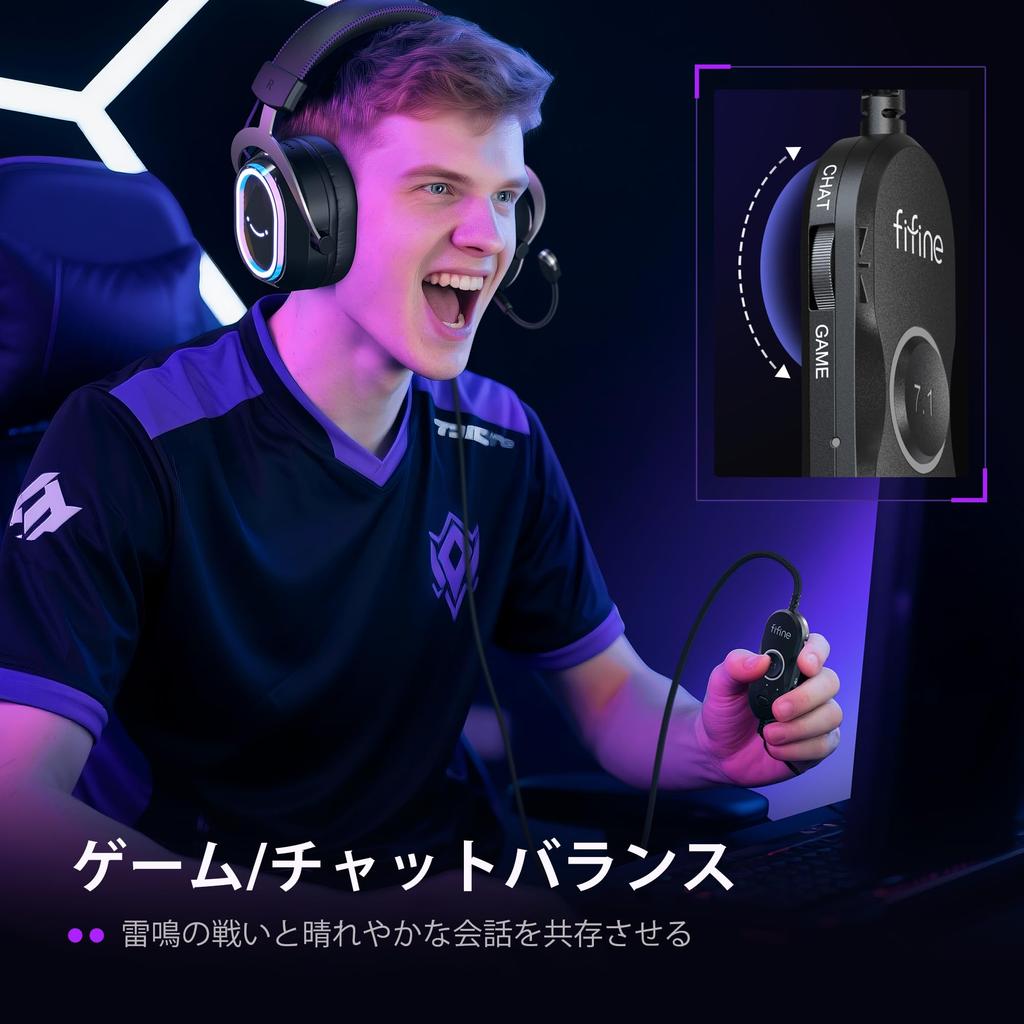 FIFINE Gaming USB Wired Audio Balance Surround Compatible with Gaming and Live Controllable RGB Detachable H13BP Headset, Connection, Game/Chat