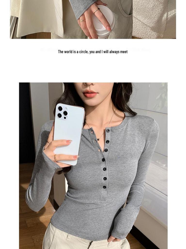 Women's Early Autumn Korean Style Slim Fit Long Sleeve Half-Open Collar Shirt